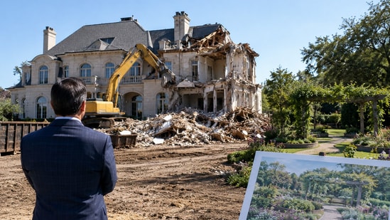 Representative image of a mansion being demolished as its materials are salvaged for reuse, with landscaping planned for the site.