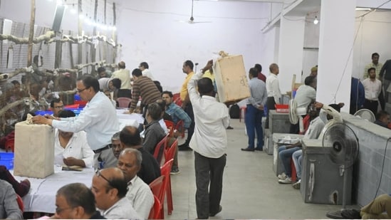 Counting is underway for MLC elections at the Ramabai Rally counting centre in Lucknow, Uttar Pradesh, on Tuesday. (Deepak Gupta/Hindustan Times)