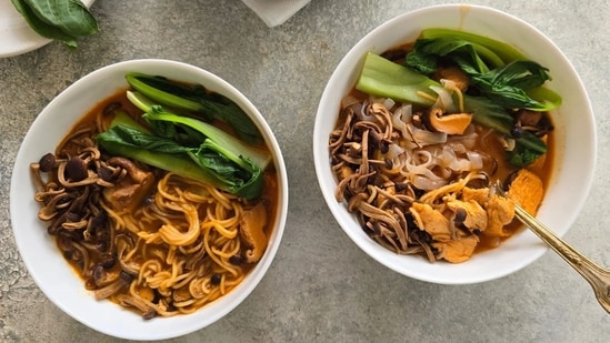 Simrun Chopra shares both vegetarian and non-vegetarian versions of the ramen bowl recipe.