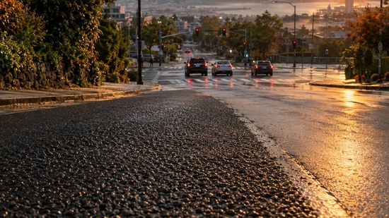 A downhill intersection approach covered in a high-friction surface, the kind of treatment Bellevue used in 2004.