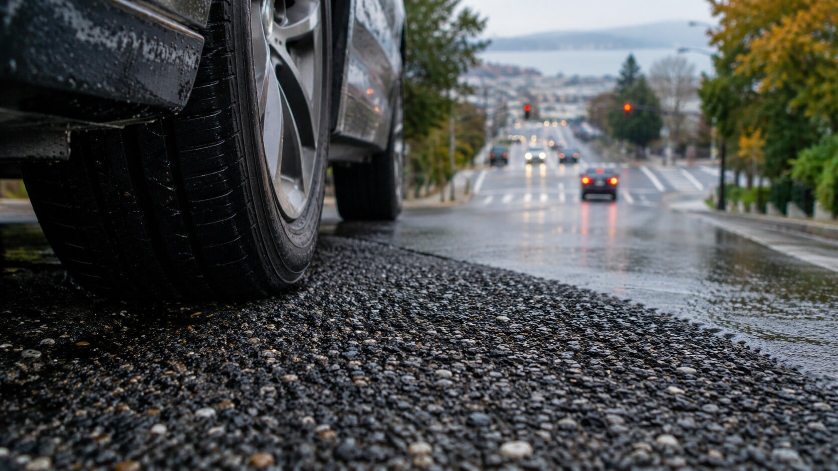 High-friction surfacing bonds a hard, polish-resistant aggregate to the pavement to boost skid resistance, especially on wet curves. (AI-generated/ChatGPT) High-friction surfacing bonds a hard, polish-resistant aggregate to the pavement to boost skid resistance, especially on wet curves. (AI-generated/ChatGPT)