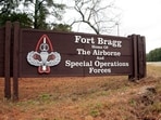 A sign at Fort Bragg, N.C., is seen amid fears of an active shooter there. 