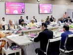 CM Yogi Adityanath during the meeting with a 14-member high-level business delegation from Singapore. (HT)
