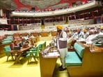 Chief minister Punjab address the house on the 3rd day of Punjab Assembly session in Chandigarh, on Tuesday. (Ravi Kumar/HT)