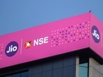 Signage for Jio Platforms Ltd. ahead of the company's listing ceremony at the National Stock Exchange (NSE) in Mumbai, India, (Bloomberg)
