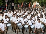 Rashtriya Swayamsevak Sangh (RSS) volunteers take part in 'Path Sanchalan' following the 101st foundation day and Vijaydashmi celebrations, in Hyderabad, India, on October 25, 2026. (PTI)