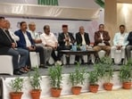 Boxing Federation of India officials seeking president Ajay Singh's ouster at a press conference in Delhi on Wednesday.(HT Photo)