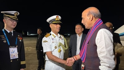 Defence Minister Rajnath Singh receives a warm welcome, on his arrival at Airport, in Cebu on Tuesday. (@DefenceMinIndia X)