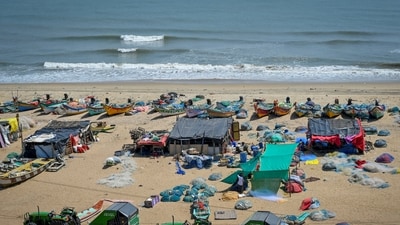 Fishing boats are moored at Pattinapakkam Beach during Cyclone Arnab in Chennai, India, October 28, 2026. (REUTERS/Riya Mariyam R)