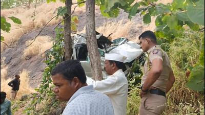 Two people were killed and four others injured after a car travelling from Dimbhe to Bhimashankar plunged nearly 150 to 200 feet into a gorge before turning turtle at Pokhari ghat on Wednesday. (HT) Two people were killed and four others injured after a car travelling from Dimbhe to Bhimashankar plunged nearly 150 to 200 feet into a gorge before turning turtle at Pokhari ghat on Wednesday. (HT)
