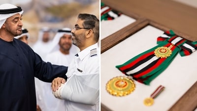 Captain Smit Machchhar was given the award for his extraordinary bravery during the flydubai incident. (Instagram/@emiratesroyalfamily)