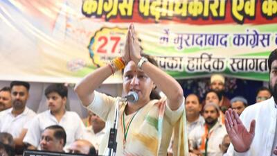 Uttar Pradesh Congress president Aradhana Mishra at a workers’ mobilisation meeting in Moradabad. (Sourced) Uttar Pradesh Congress president Aradhana Mishra at a workers’ mobilisation meeting in Moradabad. (Sourced)