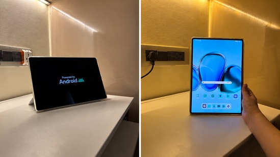 The ASUS Pad T3201 tablet in landscape and portrait orientations, showcasing its design, Android interface and bundled stand cover.