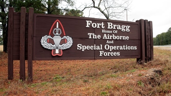 A sign at Fort Bragg, N.C., is seen amid fears of an active shooter there.
