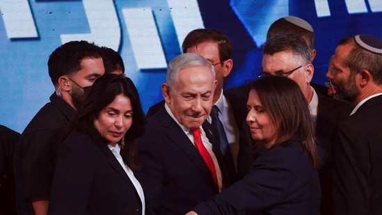 Israeli Prime Minister and Likud party leader Benjamin Netanyahu reacts while on stage after the exit polls, at his party headquarters during Israel's national election, in Jerusalem, October 28, 2026. REUTERS/Ronen Zvulun