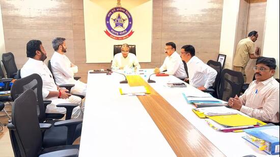 NCP leader Jay Pawar (second from left) on Wednesday met CID officials in Pune to review the investigation into the plane crash that killed his father and former Maharashtra deputy chief minister Ajit Pawar. (HT)