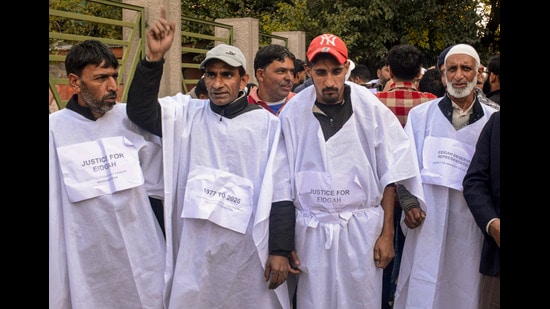 Supporters of National Conference (NC) MLA Mubarak Gul during a protest against his exclusion from the Jammu and Kashmir Cabinet, in Srinagar, Wednesday. (PTI)