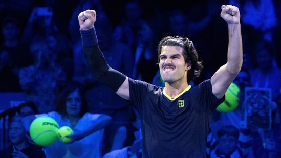 Spain's Carlos Alcaraz celebrates winning against Russia's Karen Khachanov (not in picture) during the Erste Bank Open 2026 ATP 500 tennis tournament in Vienna