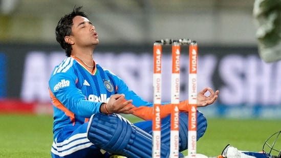 Abhishek Sharma celebrates after reaching his century during the 3rd T20I match. 