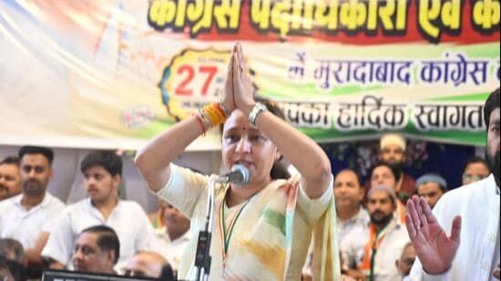 Uttar Pradesh Congress president Aradhana Mishra at a workers’ mobilisation meeting in Moradabad. (Sourced)