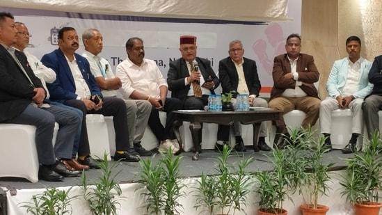 Boxing Federation of India officials seeking president Ajay Singh's ouster at a press conference in Delhi on Wednesday.
