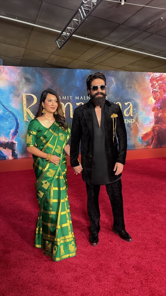Yash with wife Radhika Pandit at Ramayana premiere. Yash with wife Radhika Pandit at Ramayana premiere.