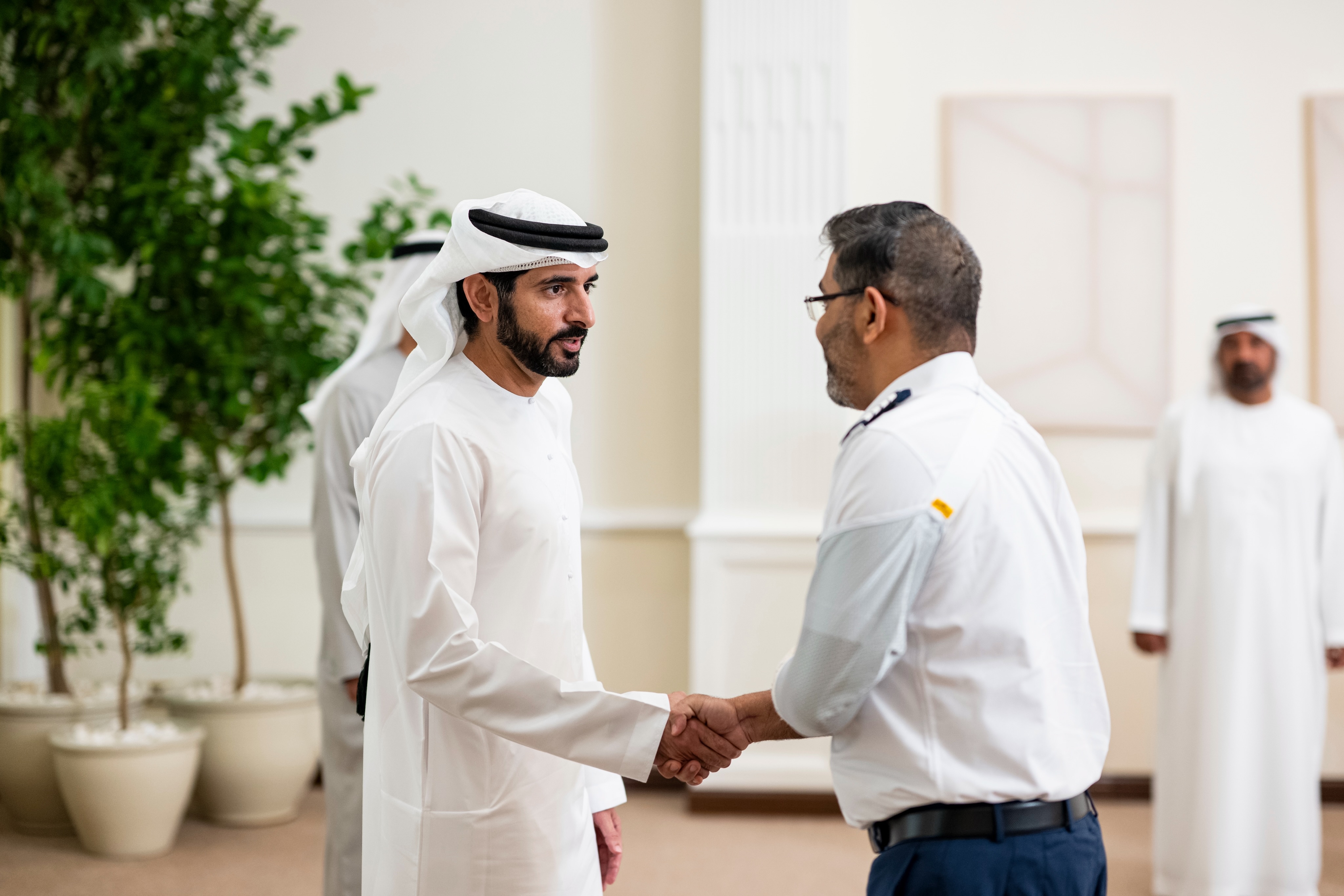 Captain Smit Machchhar shaking hands with Dubai Crown Prince Sheikh Hamdan bin Mohammed bin Rashid Al Maktoum. (Instagram/@emiratesroyalfamily)