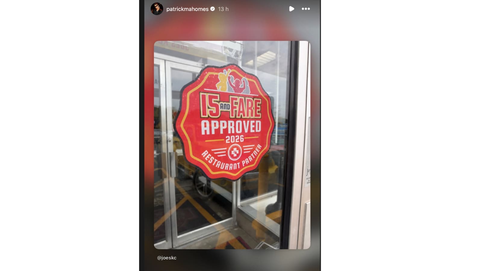 Patrick Mahomes promoted his 15 and FARE initiative after Joe’s Kansas City Bar-B-Que became its first recognised restaurant partner. (Patrick Mahomes/Instagram) Patrick Mahomes promoted his 15 and FARE initiative after Joe’s Kansas City Bar-B-Que became its first recognised restaurant partner. (Patrick Mahomes/Instagram)