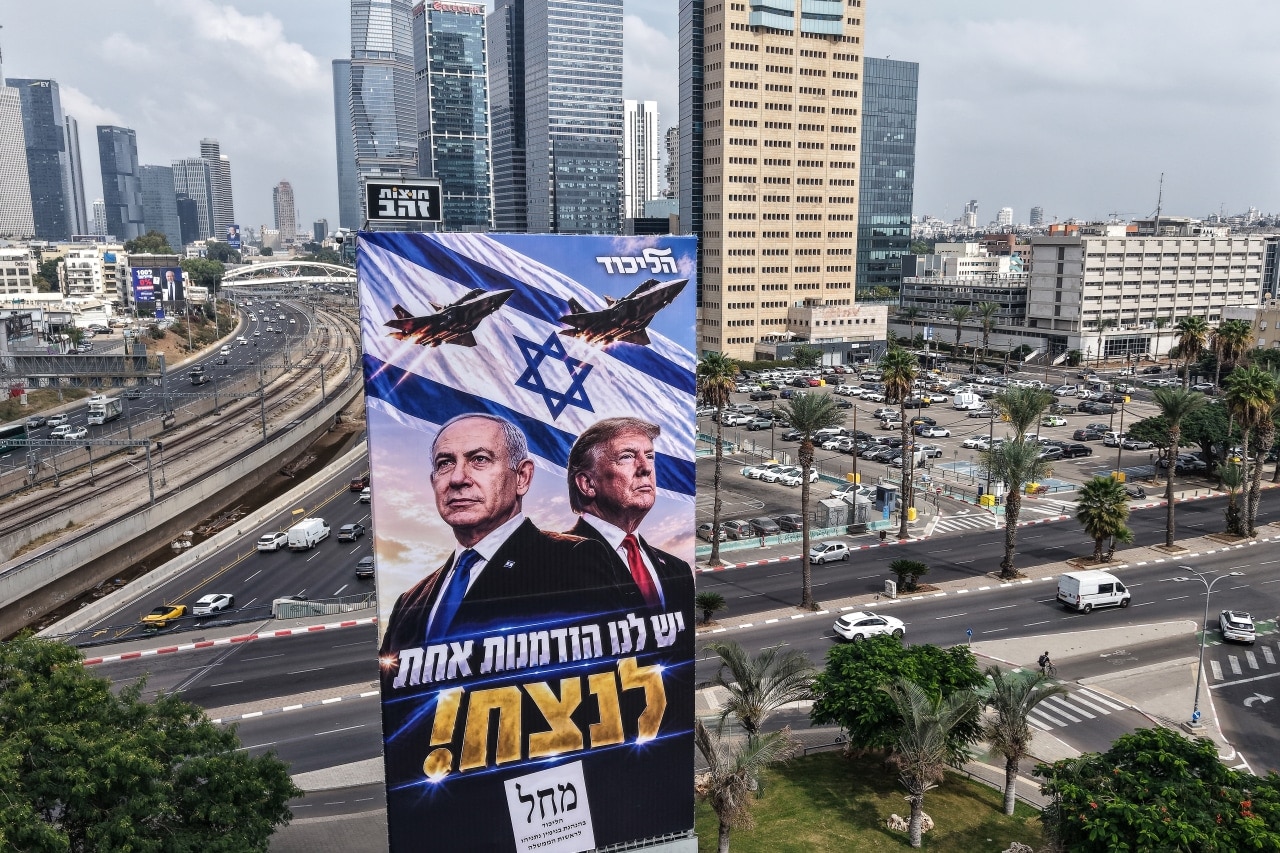 A campaign billboard in Tel Aviv plays up the relationship between Israeli Prime Minister Benjamin Netanyahu and President Trump. A campaign billboard in Tel Aviv plays up the relationship between Israeli Prime Minister Benjamin Netanyahu and President Trump.