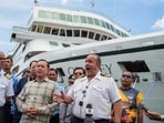 Captain Emanuele Giudice of the Villa Vie Odyssey cruise ship speaks to media near the vessel, which is docked at Sihanoukville Autonomous Port, after permanent residents living aboard the vessel were forced to disembark in Cambodia.
