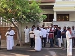 DMK cadres outside party leader KN Nehru’s residence as the Directorate of Vigilance and Anti-Corruption (DVAC) conducted a search at the premises in Tiruchirappalli (or Trichy) on Thursday. (ANI Video Grab)