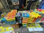 Earlier on October 23, during a spot check by HT in Gadoli, traders were found selling firecrackers without visible green certification markings, alongside products they advertised as green crackers. (HT Archive)