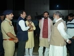 Haryana chief minister Nayab Singh Saini with energy minister Anil Vij at Gandhi Ground — venue of Amit Shah’s November 5 rally — in Ambala Cantonment on Thursday. (HT Photo)