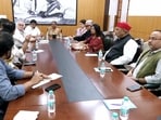 INDIA bloc leaders hold a meeting at the residence of Congress President Mallikarjun Kharge ahead of the INDIA bloc rally (Nov 1) at Ramlila Maidan, in New Delhi on Thursday. (ANI Video Grab)