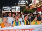 Over a thousand BJP workers marched from the Red Fort Chowk to the Town Hall. (HT Photo)