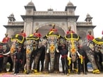 Forest officials and others perform traditional 'pooja' to the Dasara elephants a day after the conclusion of the 'Dasara' festival, at Mysore Palace, in Mysuru, Karnataka, Thursday, Oct. 22, 2026.(PTI)