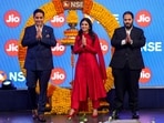 Jio Platforms Managing Director Akash Ambani, Jio Platforms Limited Non-Executive Directors Anant Ambani and Isha Ambani during the bell-ringing ceremony on the day of the listing of company during its IPO. Jio Platforms Managing Director Akash Ambani, Jio Platforms Limited Non-Executive Directors Anant Ambani and Isha Ambani during the bell-ringing ceremony on the day of the listing of company during its IPO.
