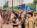 Security personnel outside the counting centre in Varanasi. (HT Photo)
