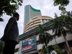 Stock information displayed outside the Bombay Stock Exchange (BSE) building in Mumbai