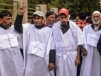 Supporters of National Conference (NC) MLA Mubarak Gul during a protest against his exclusion from the Jammu and Kashmir Cabinet, in Srinagar, Wednesday. (PTI)