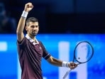 Serbia's Novak Djokovic celebrates after defeating France's Ugo Humbert at the Swiss Indoors tennis tournament in Basel, Switzerland, Wednesday, Oct. 28, 2026.