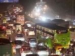 Vehicles stuck in a serpentine jam at Ashram Chowk on Wednesday evening. (Raj K Raj/HT)