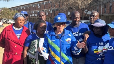 South Africa's Democratic Alliance (DA) mayoral candidate for Johannesburg Helen Zille addresses residents at Helen Joseph Women's Hostel, in Johannesburg, South Africa, September 17, 2026. Picture taken with a mobile phone. (REUTERS)