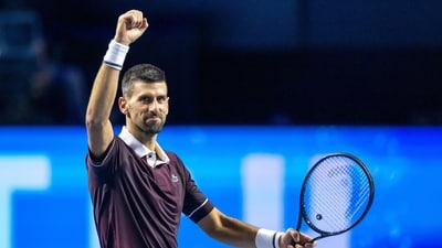 Serbia's Novak Djokovic celebrates after defeating France's Ugo Humbert at the Swiss Indoors tennis tournament in Basel, Switzerland, Wednesday, Oct. 28, 2026. (Georgios Kefalas/Keystone via AP) Serbia's Novak Djokovic celebrates after defeating France's Ugo Humbert at the Swiss Indoors tennis tournament in Basel, Switzerland, Wednesday, Oct. 28, 2026. (Georgios Kefalas/Keystone via AP)