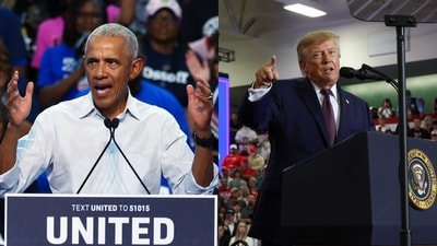 Barack Obama responded to the Cheesecake Factory row over his remarks as Donald Trump's own comments about $5000 for a hamburger and small dessert at Mar-a-Lago came into focus. (Reuters, Getty via AFP)