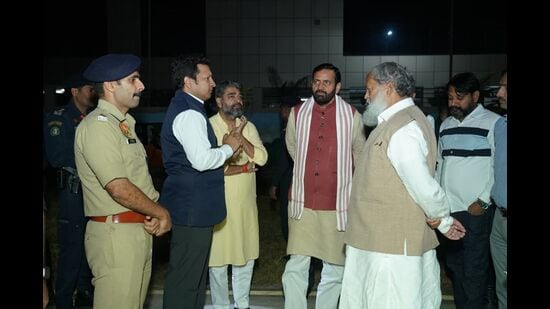 Haryana chief minister Nayab Singh Saini with energy minister Anil Vij at Gandhi Ground — venue of Amit Shah’s November 5 rally — in Ambala Cantonment on Thursday. (HT Photo)