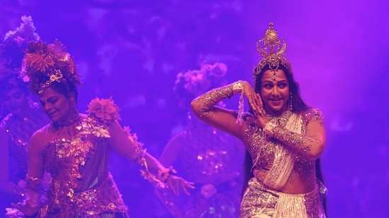 Bollywood actor Hema Malini performs classical dance drama 'Ganga' to mark the opening of Braj Raj Utsav 2026, in Vrindavan, Friday, Oct. 23, 2026.
