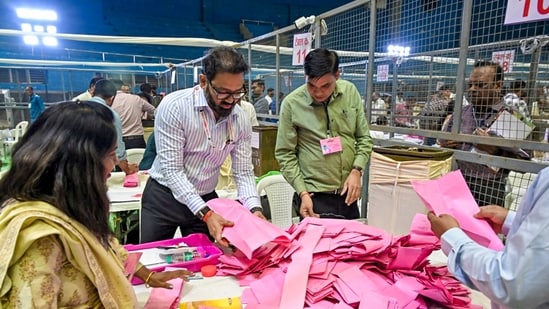 Polling officials handle ballot papers during the counting of votes for the Maharashtra Legislative Council (MLC) election, in Nagpur, Maharashtra. Polling officials handle ballot papers during the counting of votes for the Maharashtra Legislative Council (MLC) election, in Nagpur, Maharashtra.