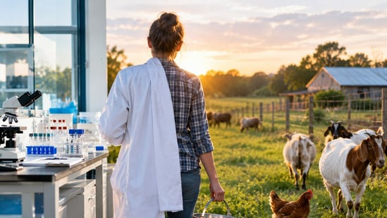 Representative image of a scientist leaving laboratory research behind to pursue her passion for animals and build a new life through pasture-based farming.