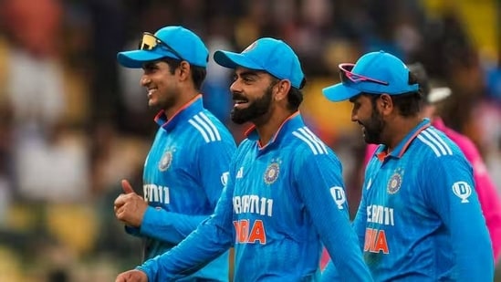 India captain Shubman Gill (extreme left) with Virat Kohli (centre) and Rohit Sharma